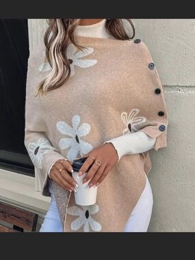 Versatile All Season Beige Floral Button-Shoulder Knit Poncho Sweater